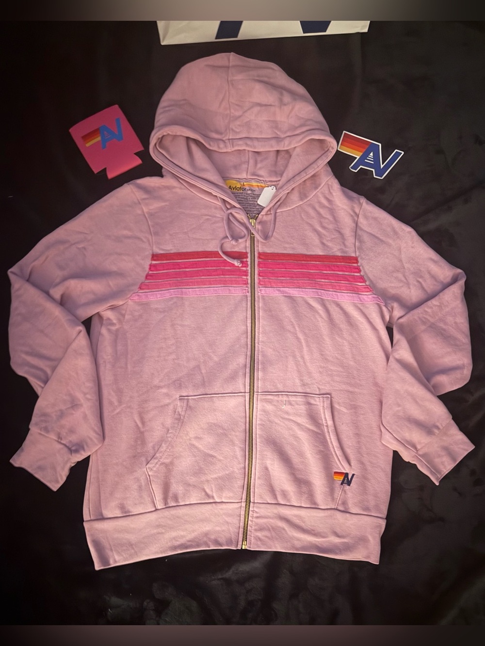 - - NWT AVIATOR NATION UNISEX 5 STRIPE HOODIE Sand size Large Mauve